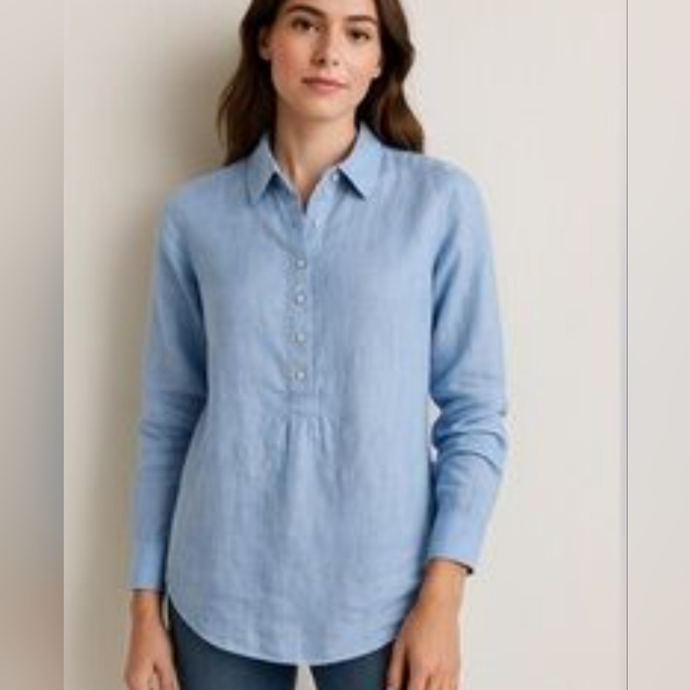 Saint Tropez West Linen Popover Long Button-Down Shirt Size S